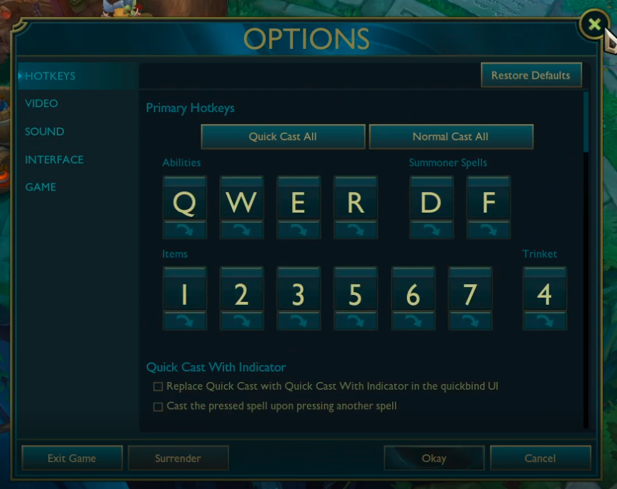 Options hotkeys